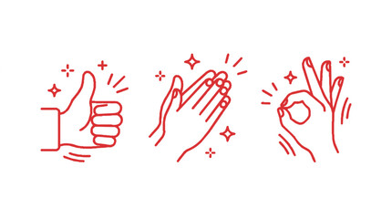 Obraz premium Three red hand gestures with sparkles thumbs up applause and ok sign on white background