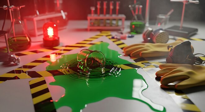 A beaker of bright green toxic liquid has spilled on a laboratory counter, surrounded by caution tape and safety gloves.