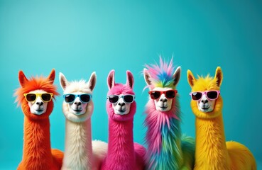 Fototapeta premium Group of llamas wear colorful wigs and sunglasses against a blue background. These funny animals look ready for a party or celebration. Llamas stand together posing for photo. Funky animal concept.