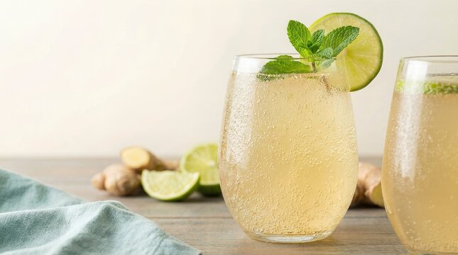 Refreshing ginger beer served in clear glasses with lime slices and mint leaves, placed on a wooden table with ginger root and lime halves in the background