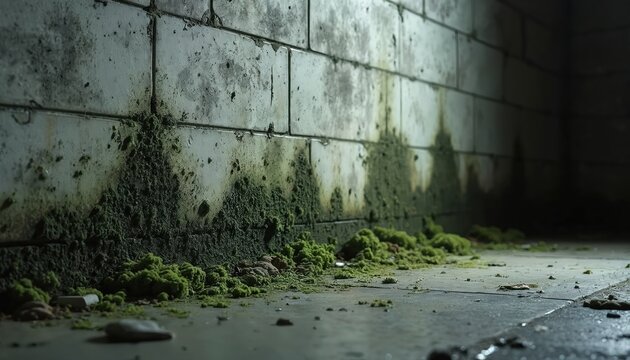 Mold grows on a basement wall, indicating moisture and damage. This scene suggests an unhealthy environment and potential structural issues in a neglected home.