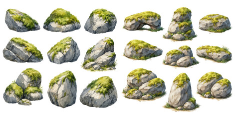 A beautiful collection of watercolor mossy rocks and stones, featuring natural gray boulders covered with soft green moss and grass isolated on a transparent background. © liana