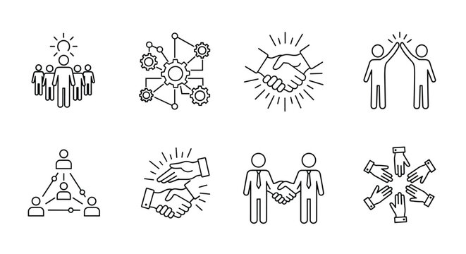 Playful hand drawn doodle collaboration vector set with sketchy group and stars cooperation scene