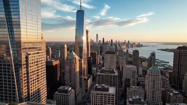 Panoramic Aerial View of a Dense Metropolis with Iconic Skyscrapers at Golden Hour Sunset