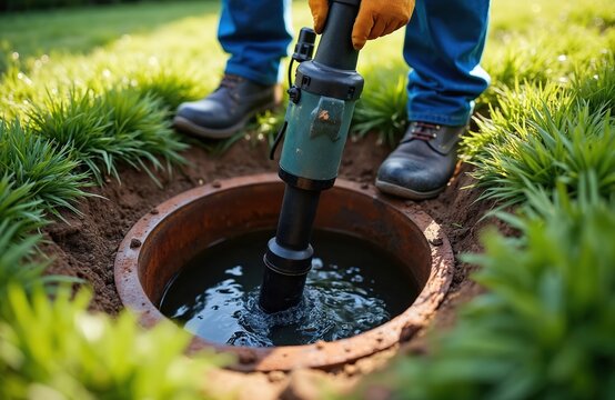 Worker uses submersible pump to empty cesspool. Man cleans outdoor septic tank with submersible pump in yard. Wastewater removal service for home.