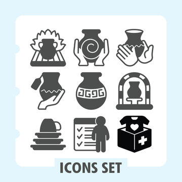 Clay vase, pottery solid icons set showcasing everyday objects and symbols in outline style for apps, websites, and print use on white background. Vector graphics. Set of nine glyph icons.