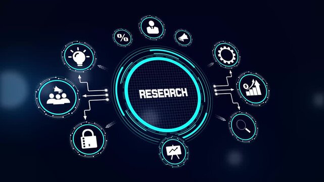 Market research hud animation for business intelligence gathering, consumer behavior analysis, and strategic vision planning