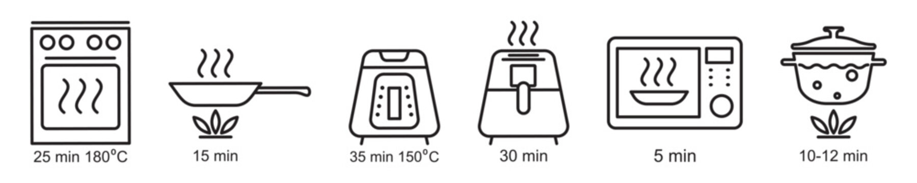Cooking time icons for appliances isolated on transparent background. Set of linear symbols with temperature and timer indicators. Instructions for kitchen appliances, baking, cooking process design.