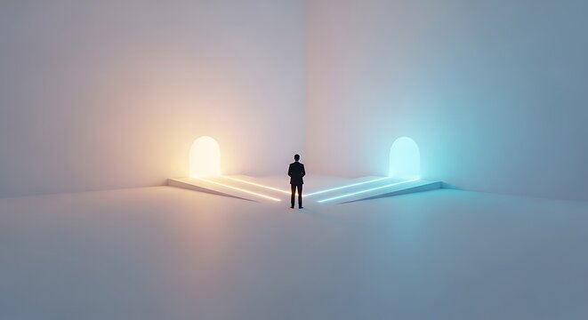 A lone silhouette of a person stands at a crossroads, contemplating two glowing arched doorways of different colors.