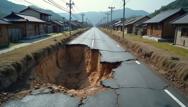Road collapses into deep pit after earthquake. Cracked asphalt reveals deep canyon, rural houses stand nearby. Natural disaster aftermath shows severe infrastructure damage and terrain destruction.