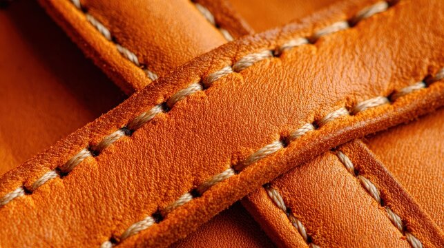Close up view reveals texture and stitching detail on tanned leather straps