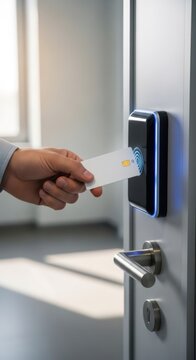 Man unlocking door with proximity card. Digital electronic lock with contactless reader for secure office access. Innovative security technology for building entry and credentials.