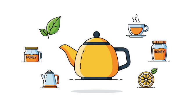 Yellow teapot with tea accessories around.