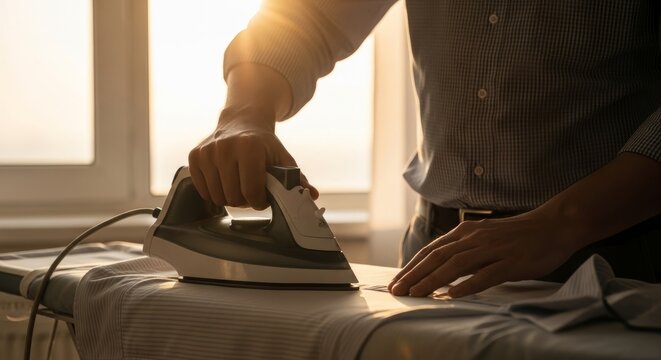 Man ironing shirt in sunlit room for professional attire