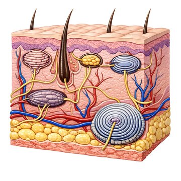 Cross-section of human skin anatomy with sensory receptors and hair follicle illustration