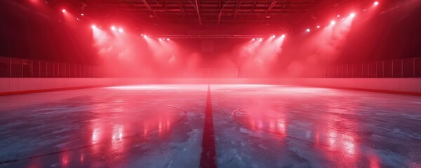 Naklejka premium Empty ice rink arena illuminated with red lights and smoke. Spotlight beams cut through mist on frozen surface. Professional stadium ready for hockey game or skating competition.