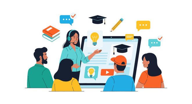 E-Learning Webinar: Female Instructor Teaching Students in Virtual Online Class. Digital Training and Knowledge Sharing Concept Illustration.