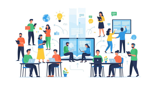 Digital E-learning Network and Knowledge Sharing. Online Education, Remote Study Group, and Collaborative Teamwork Concept.