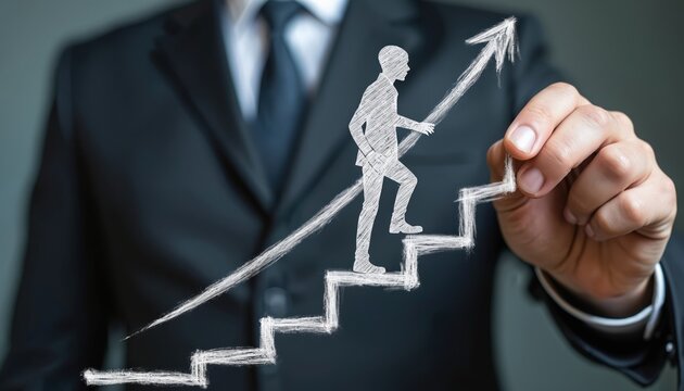 Businessman draws climbing stairs with upward arrow graphic. Concept represents career advancement, personal growth, and achieving professional goals. Planning and strategy guide success.