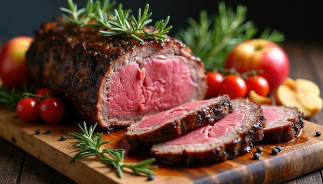 Juicy roasted prime rib with rosemary and garlic garnish. Sliced beef roast served on wooden cutting board with cherry tomatoes and apples. Delicious meat dish for holiday dinner.