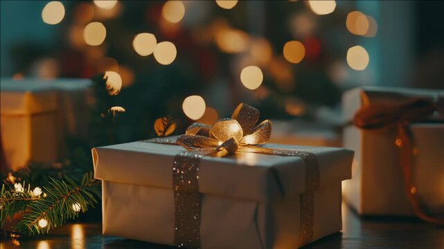 Present wrapped in gold and silver paper, sitting on festive table with Christmas lights decoration background.