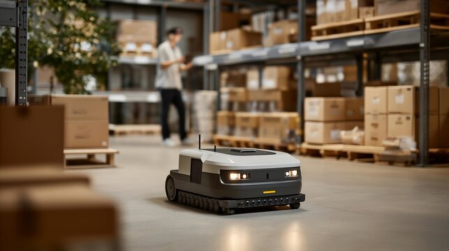 Autonomous mobile robots transport inventory bins across vast warehouse floor while human supervisor monitors tablet in background, showcasing collaborative automation, perfect for robotics