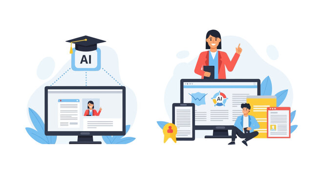 Artificial Intelligence Education Concept. AI Powered Online Learning, Data Science Course, and Digital Training Platform Vector Illustration.
