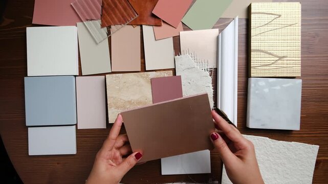 4K table top view of hands comparing texture samples and color swatches for interior design mood board and material selection