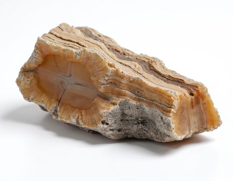 Mineralized wood specimen, a fossilized tree trunk section showing intricate growth rings. This ancient stone piece displays natural texture and earthy tones.
