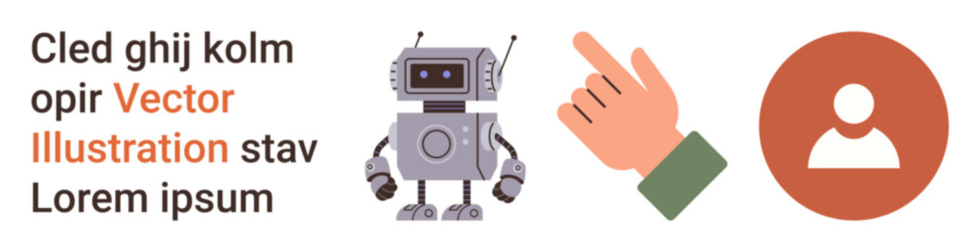 Robotics, technology interface, human connection, AI automation, digital identity, user interaction. Image features a robot, a pointing hand and a profile icon. Robotics and technology interface