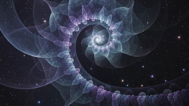 Fractal spiral in starfield background; glowing blue-purple energy waves, no text, video 4K silent for cosmology education or quantum physics visualization.