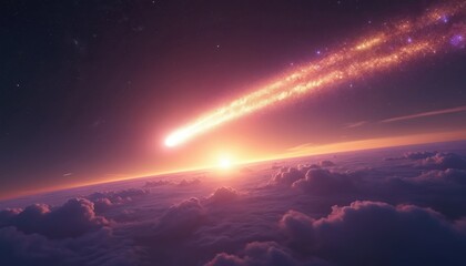 Obraz premium Bright comet streaks across the sky above planet clouds at sunrise. Stars glimmer in the dark expanse. Cosmic event unfolds over planetary horizon. Celestial body enters atmosphere.