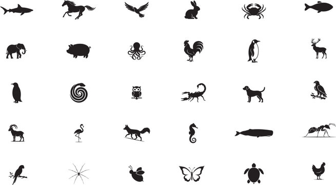 Diverse Wildlife Silhouette Icons Featuring Land Animals Sea Creatures and Birds in Black Vector Style for Branding Logos and Creative Illustrations