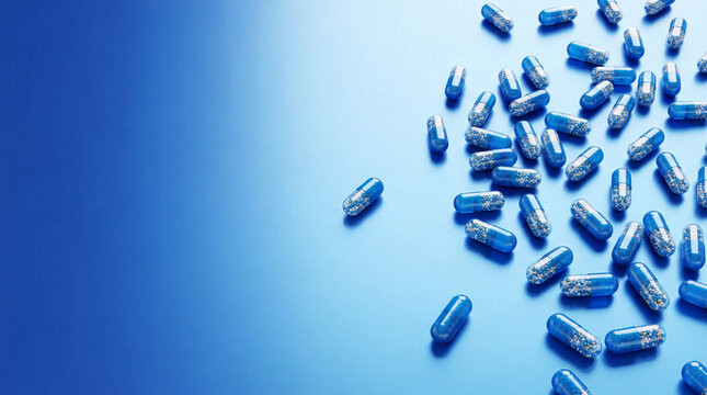 A scattered assortment of numerous blue transparent pharmaceutical capsules, each containing tiny white and golden beads, representing health and wellness.