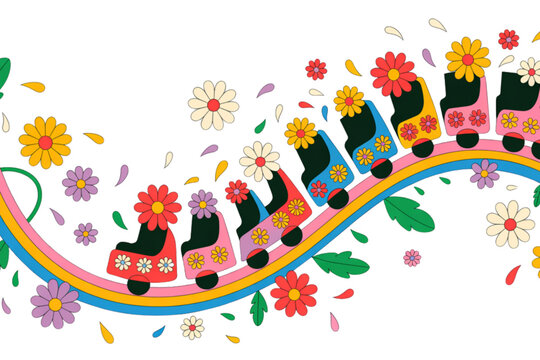 A vibrant roller coaster train traveling along a colorful rainbow track surrounded by wildflowers Vector