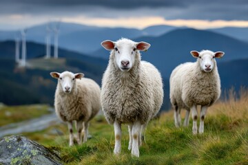 Fototapeta premium A charming group of fluffy sheep grazing on a lush green hillside meadow, against a beautiful mountain backdrop with wind turbines in the distance, rural idyllic scene.