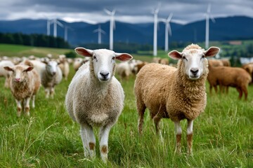 Fototapeta premium A pastoral landscape featuring a flock of sheep grazing in a green field, with wind turbines standing prominently in the background, under a cloudy sky.
