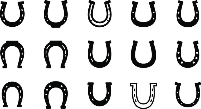 Horseshoe Icon Set Lucky Symbol Western Horse Shoe Collection Black Silhouette Vector Icons Isolated on White Background