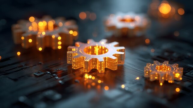 Glowing gear mechanism on digital circuit board representing automation technology, industrial innovation concept with data processing engineering systems and futuristic machinery