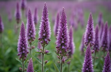 Obraz premium Field of purple veronica flowers bloom in summer garden. Spikes of small flowers create soft focus background. Nature background with plants and green leaves.