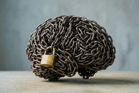 Brain Formed from Metal Chains with Padlock &ndash; Mental Restriction, Stress and Men&rsquo;s Mental Health Concept