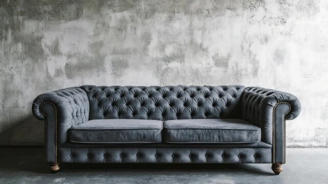 The sofa is a modern, high-backed piece with black leather upholstery. It features a button tuft design and wooden legs, making it both stylish and comfortable for lounging in contemporary living