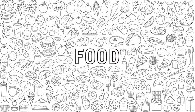 Large collection of delicious healthy snacks fast food meals fruits and sweet desserts in a minimalist black and white hand-drawn vector illustration doodle art
