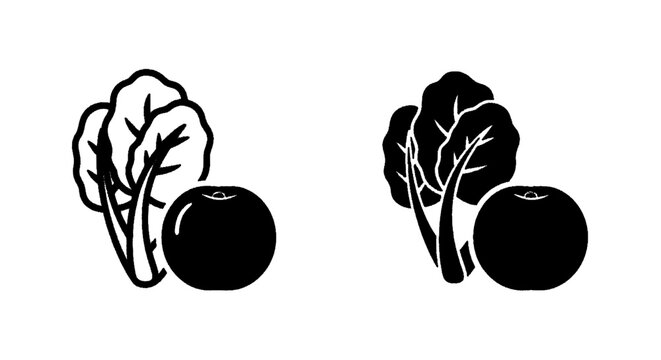 Vector illustration of set of icons with fresh vegetables, tomato and lettuce, vector illustration