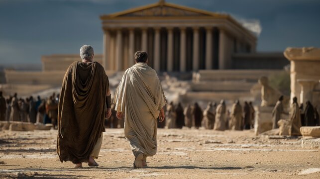 Early Christians walk away from a towering pagan temple, choosing faith and spiritual truth over worldly tradition in a powerful symbolic scene.
