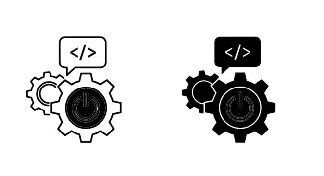 Vector illustration of set of gear icons with power button and code symbol