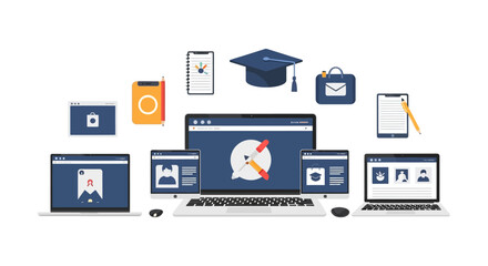 Fototapeta premium Digital E-Learning Platform Concept. Online Education System with Graduation Cap, Study Tools, and Course Interface across Responsive Devices (Laptop, Tablet, Smartphone).