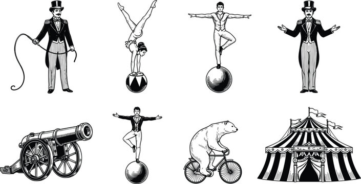 Vintage, circus, set, with, ringmaster, acrobat, bear, on, bicycle, cannon, and, tent, illustration, for, carnival, show, performance, entertainment, retro, design