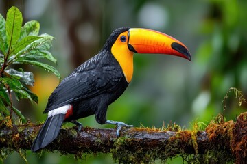 Fototapeta premium A striking Ramphastos sulfuratus, the keel-billed toucan, perched on a mossy branch, showcasing its vibrant yellow, orange, and black plumage against a lush green rainforest backdrop.