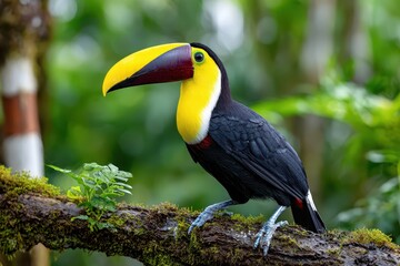 Fototapeta premium Portrait of a Yellow-throated Toucan perched on a mossy branch in a lush rainforest environment, exhibiting vibrant colors and intricate details of its plumage.
